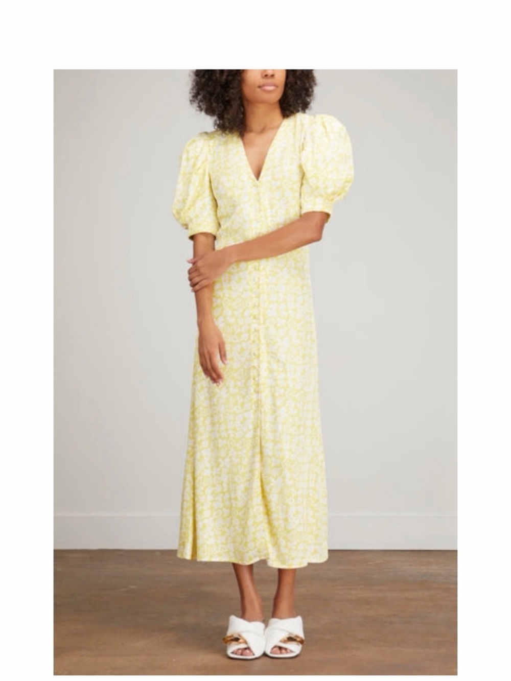 Light Yellow Floral V-Neck Puff-Sleeve Midi Dress